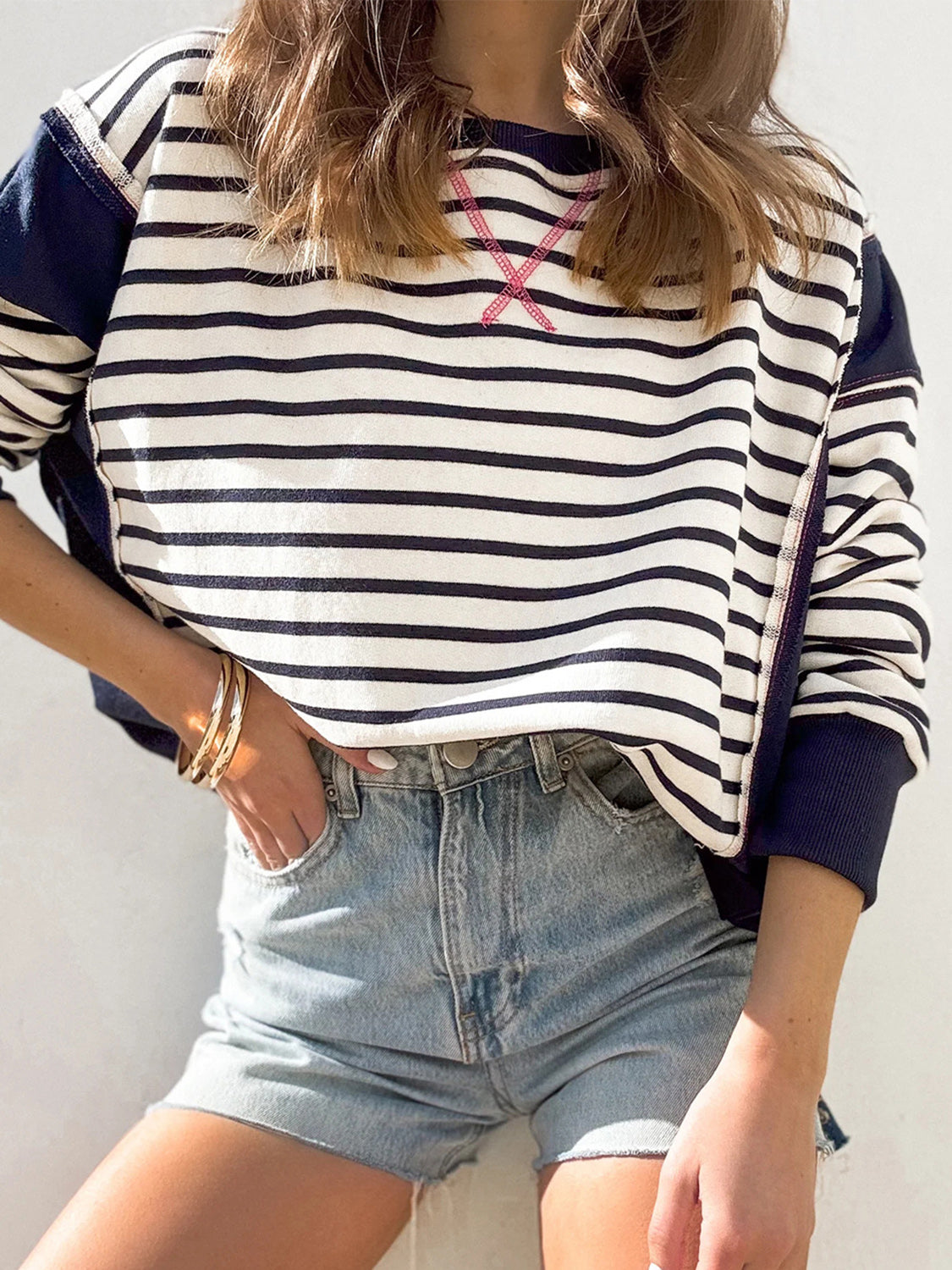 Slit Exposed Seam Striped Long Sleeve Sweatshirt Trendsi