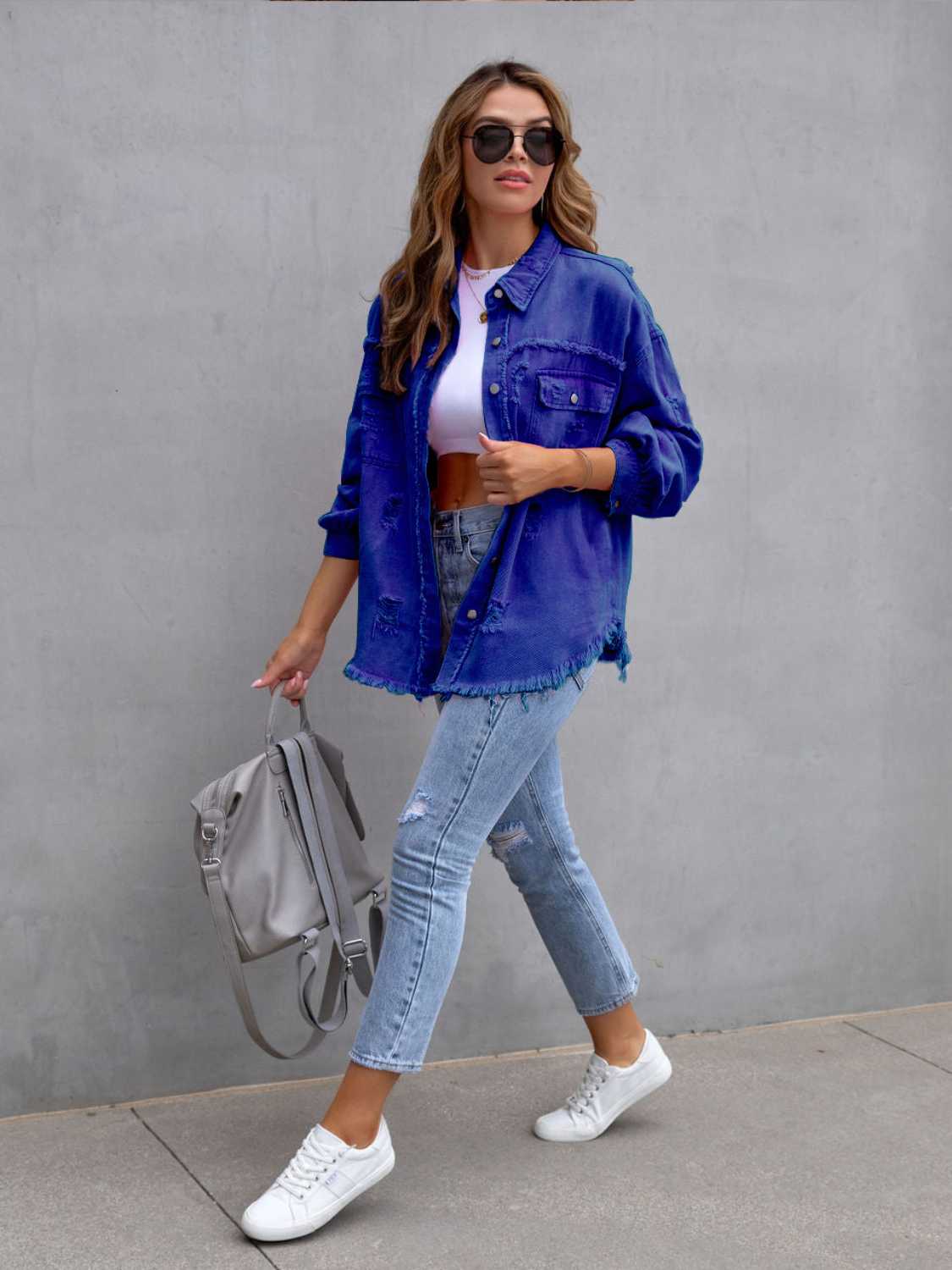 Distressed Drop Shoulder Denim Jacket Trendsi