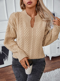 Cable-Knit Notched Long Sleeve Sweater Trendsi