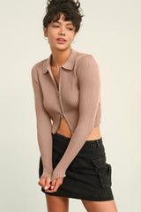 HYFVE Ribbed Double Zip Cropped Cardigan Trendsi