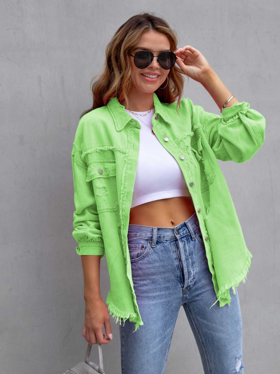 Distressed Drop Shoulder Denim Jacket Trendsi