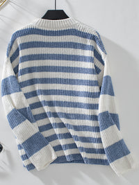 Striped Round Neck Long Sleeve Sweater Trendsi