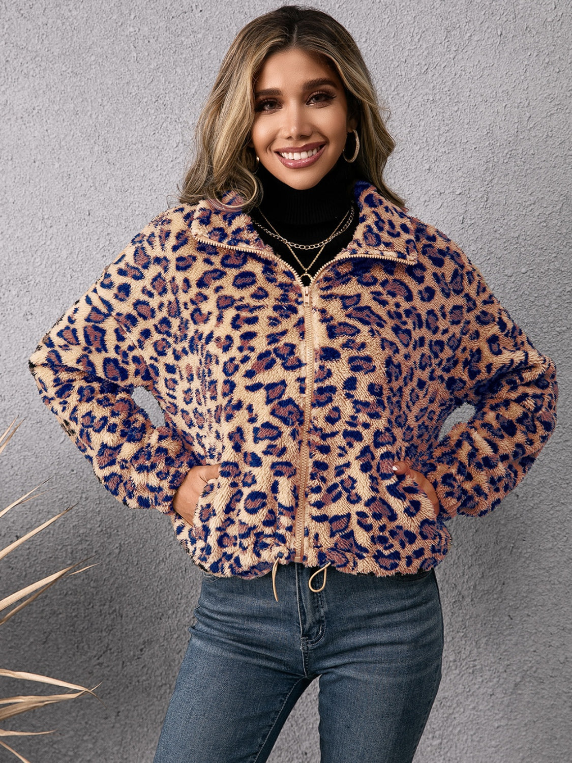 Ivy Lane Drawstring Leopard Zip Up Jacket Trendsi