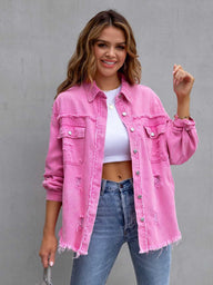 Distressed Drop Shoulder Denim Jacket Trendsi