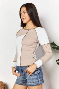 Double Take Color Block Exposed Seam Top Trendsi