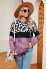 Leopard Drawstring Hoodie with Pocket Trendsi