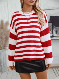 Striped Round Neck Long Sleeve Sweater Trendsi