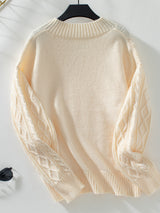 Cable-Knit Notched Long Sleeve Sweater Trendsi