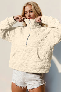 Double Take Half Zip Long Sleeve Quilted Sweatshirt with Pocket Trendsi