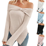 Women's Trendy Knit Ribbed Tops Bow Tie One Shoulder Long Sleeve Sweater Slim Cute Split Shirts Dressy Tops Cjdropshipping