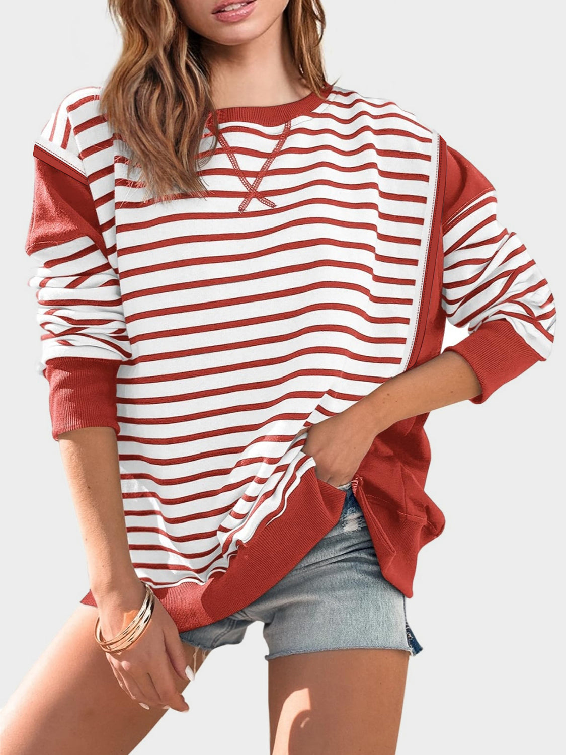 Slit Exposed Seam Striped Long Sleeve Sweatshirt Trendsi