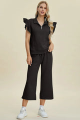 Double Take Full Size Texture Ruffle Short Sleeve Top and Wide Leg Pants Set Trendsi