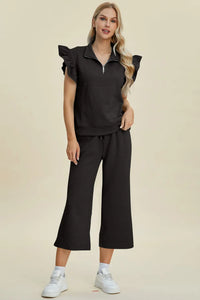 Double Take Full Size Texture Ruffle Short Sleeve Top and Wide Leg Pants Set Trendsi