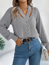 Cutout V-Neck Long Sleeve Sweater Trendsi