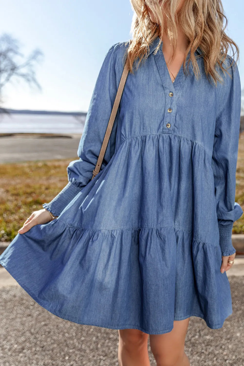 Tiered Johnny Collar Long Sleeve Denim Dress Trendsi