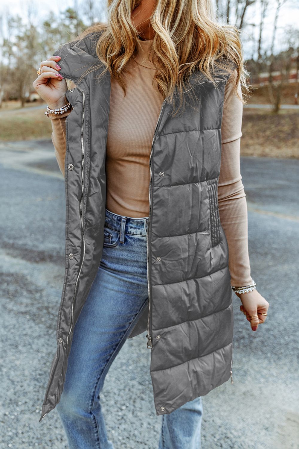 Longline Hooded Sleeveless Puffer Vest Trendsi