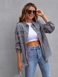 Distressed Drop Shoulder Denim Jacket Trendsi