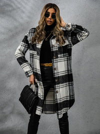 Plaid Collared Neck Long Sleeve Coat Trendsi