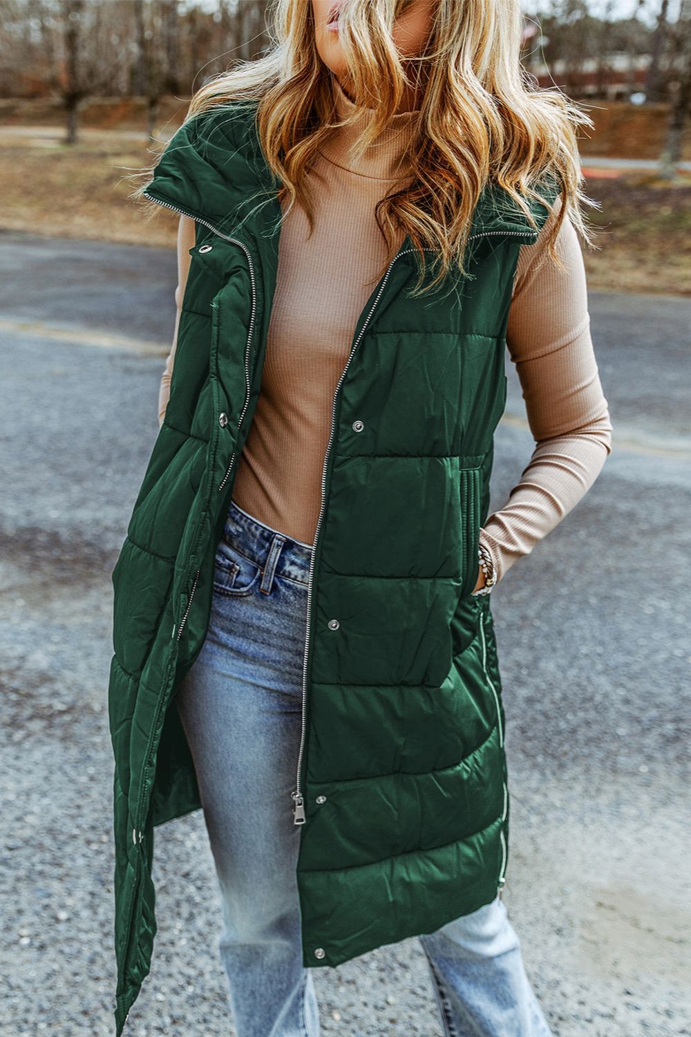 Longline Hooded Sleeveless Puffer Vest Trendsi