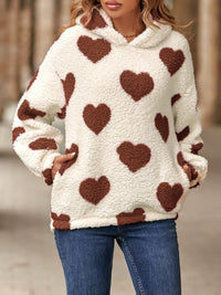 Fuzzy Heart Pocketed Dropped Shoulder Hoodie Trendsi