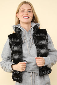 VERY J Shiny Metallic Zip Up Puffer Vest Trendsi