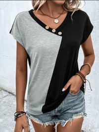 Contrast V-Neck Short Sleeve T-Shirt Trendsi