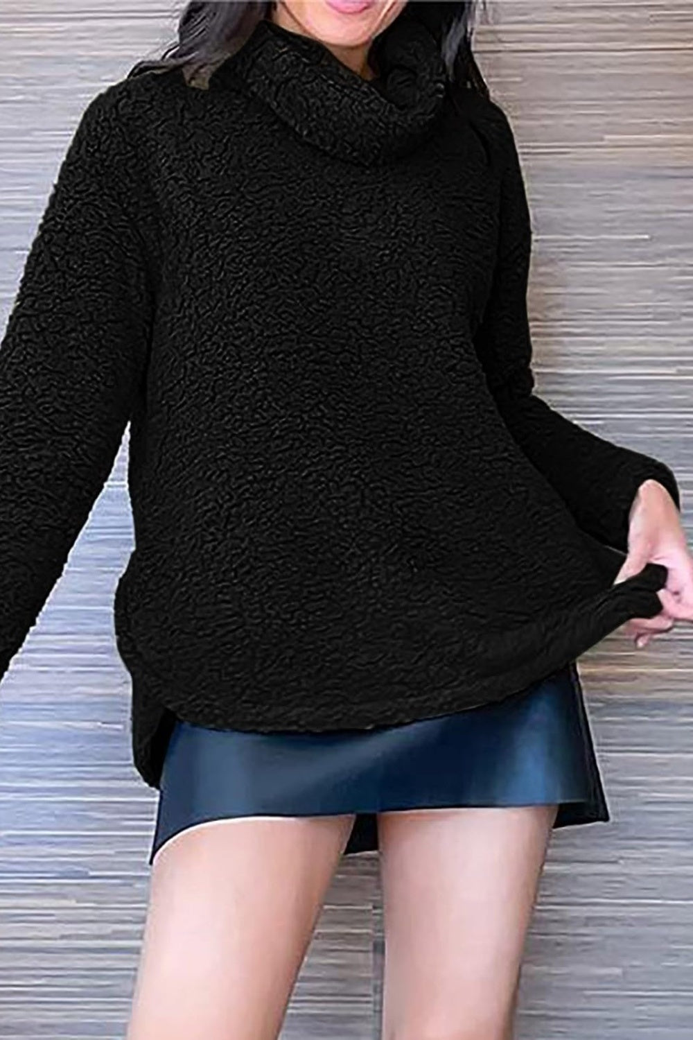 Fuzzy Turtleneck Long Sleeve Sweatshirt Trendsi