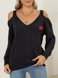 Cable-Knit Heart V-Neck Sweater Trendsi