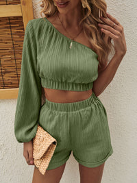 Honey One Shoulder Long Sleeve Top and Shorts Set Trendsi