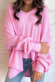 Waffle-Knit V-Neck Long Sleeve Blouse Trendsi