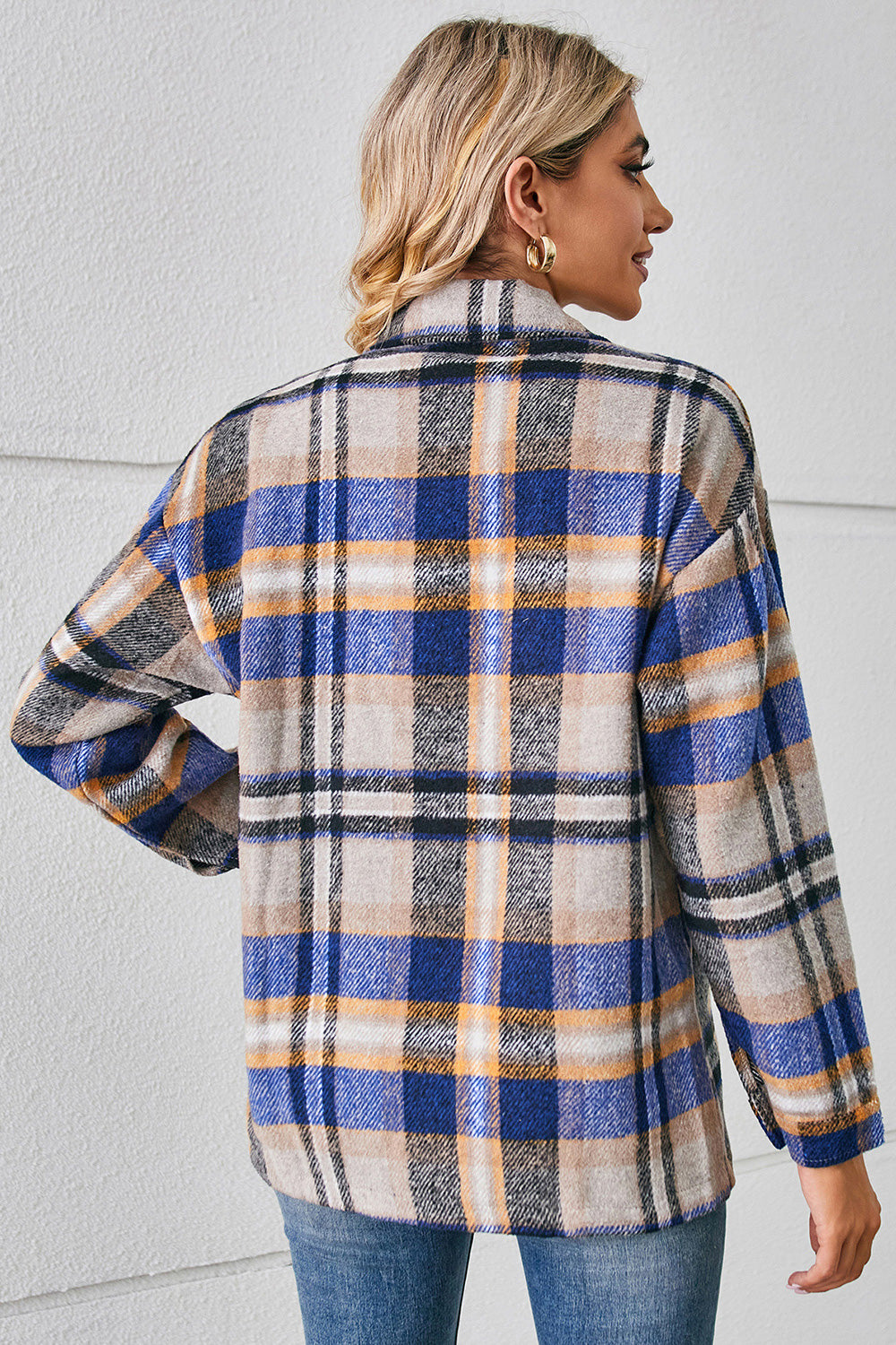 Button Down Collared Plaid Shacket Trendsi