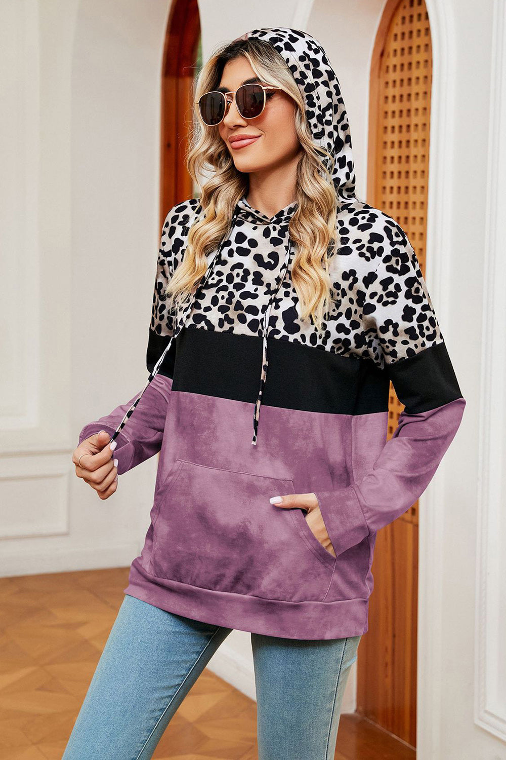 Leopard Drawstring Hoodie with Pocket Trendsi