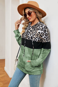 Leopard Drawstring Hoodie with Pocket Trendsi