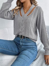 Cutout V-Neck Long Sleeve Sweater Trendsi