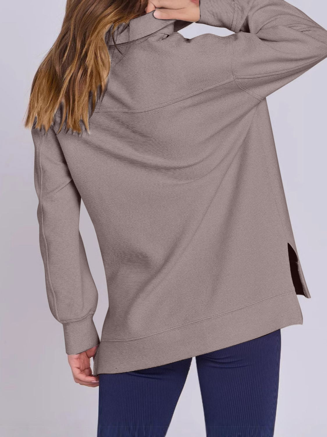 ฺHigh-Low Quarter Zip Long Sleeve Sweatshirt Trendsi