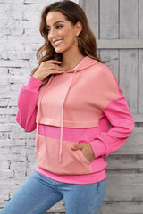 Drawstring Color Block Long Sleeve Hoodie Trendsi