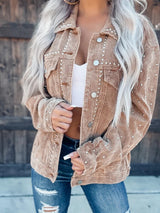 Studded Collared Neck Button Down Jacket Trendsi