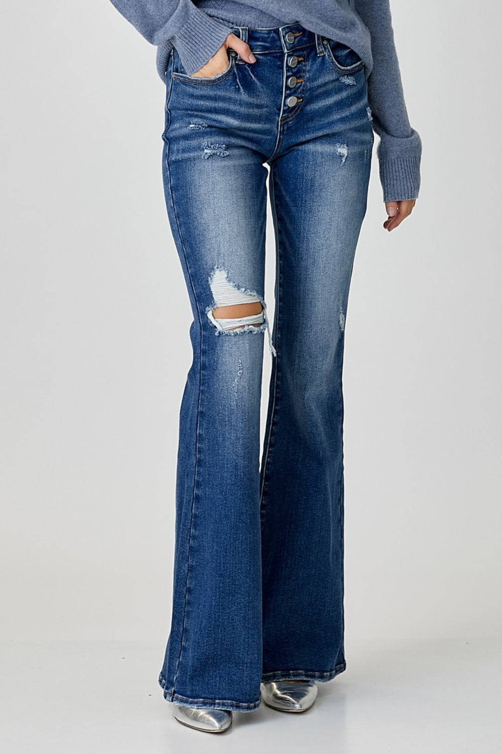 RISEN Distressed Button-Fly Flare Jeans Trendsi