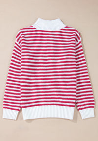 Striped Half Zip Mock Neck Long Sleeve Sweater Trendsi