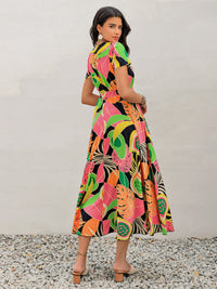 Tropical Print V-Neck Short Sleeve Midi Dress