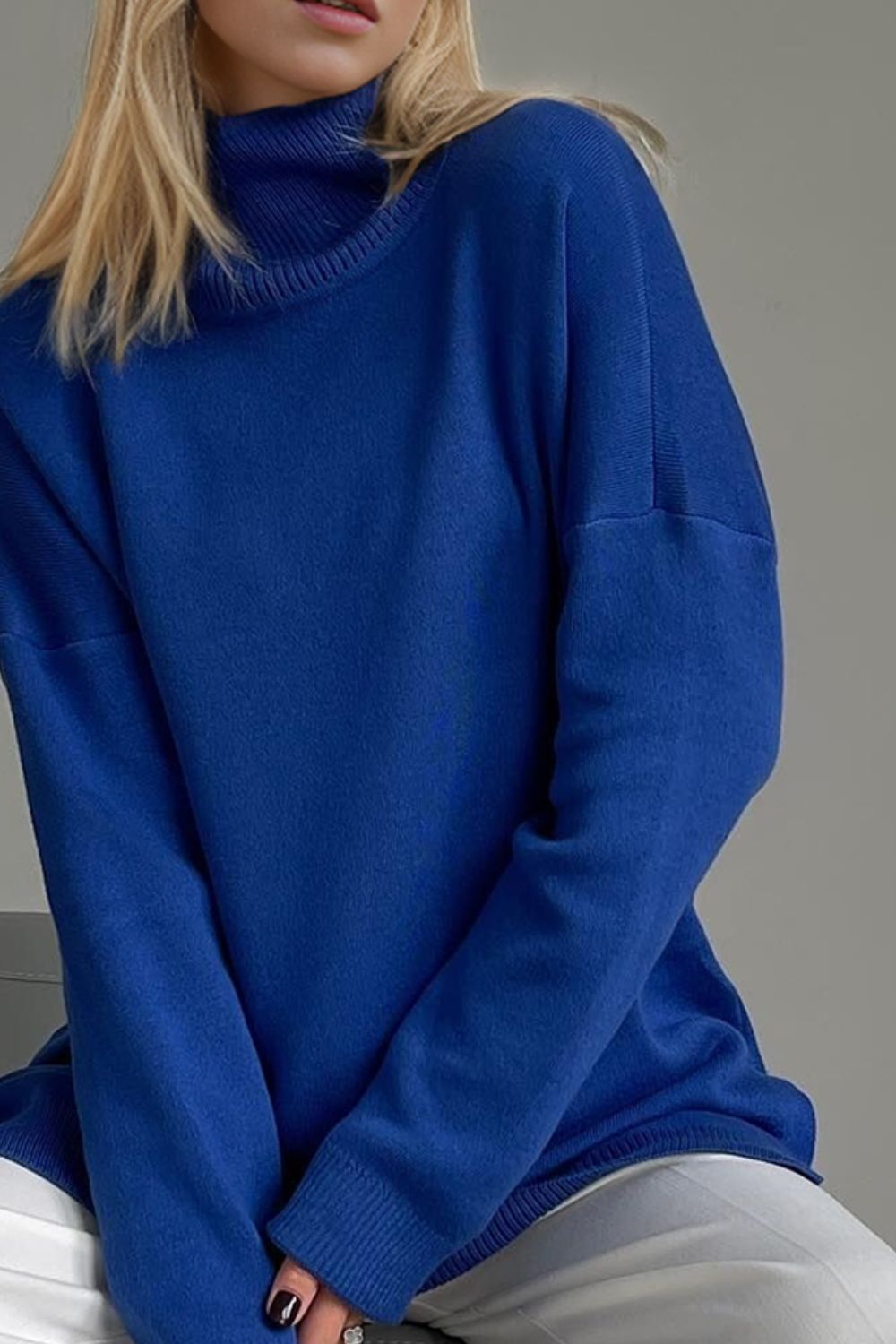 Basic Bae Side Slit Turtleneck Dropped Shoulder Sweater Trendsi