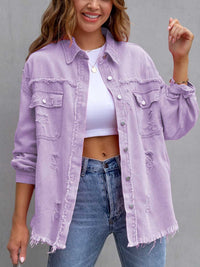 Distressed Drop Shoulder Denim Jacket Trendsi