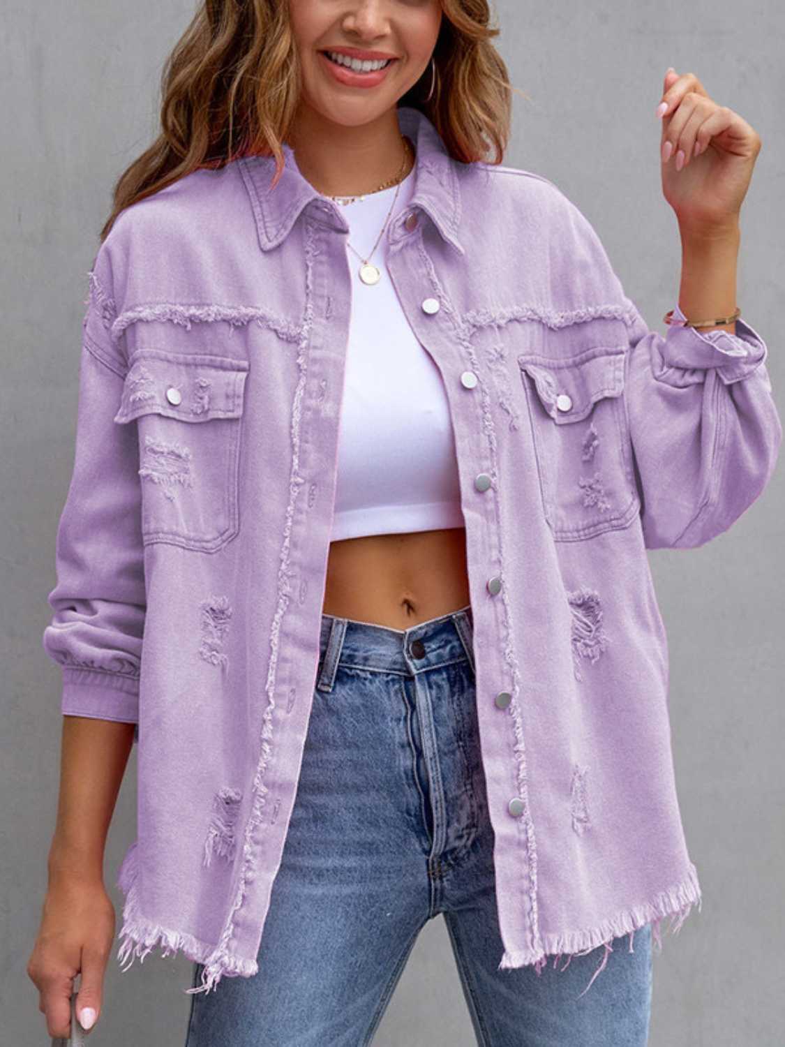 Distressed Drop Shoulder Denim Jacket Trendsi