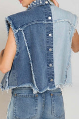 Pearl Raw Hem Sleeveless Denim Jacket Trendsi