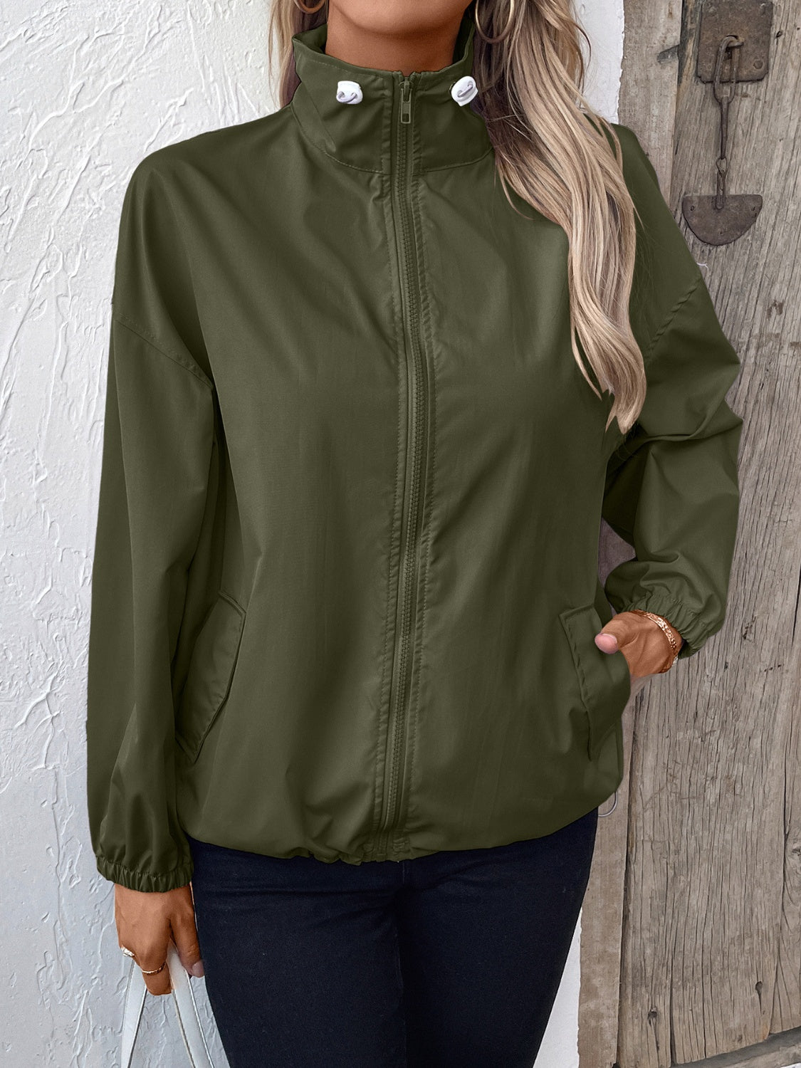 Pocketed Zip Up Long Sleeve Jacket Trendsi