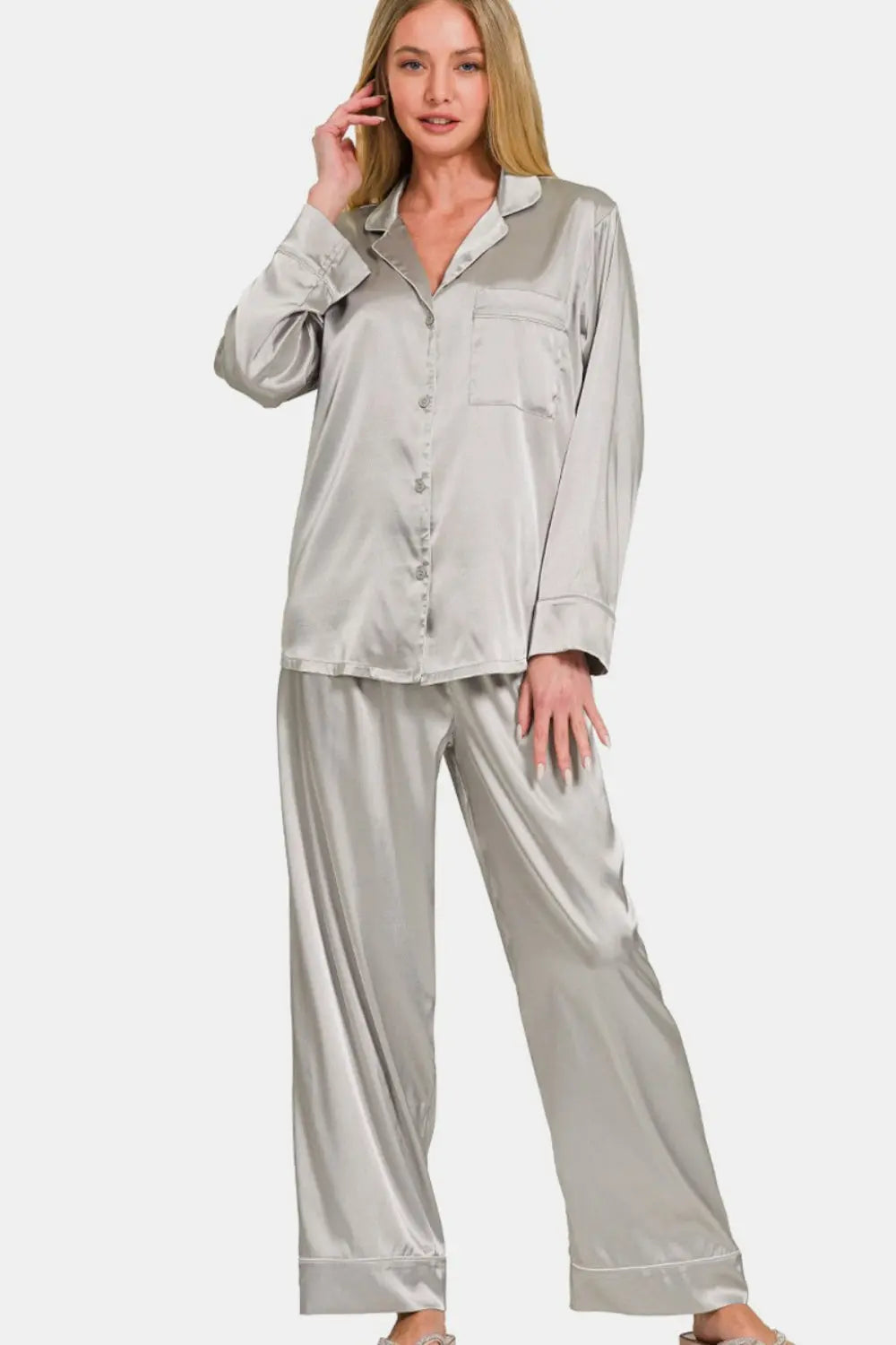 Zenana Satin Long Sleeve Shirt and Pants Pajama Set Trendsi