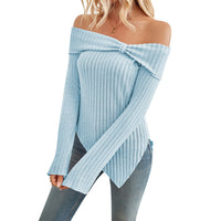 Women's Trendy Knit Ribbed Tops Bow Tie One Shoulder Long Sleeve Sweater Slim Cute Split Shirts Dressy Tops Cjdropshipping