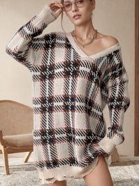 Distressed Plaid V-Neck Long Sleeve Sweater Dress Trendsi