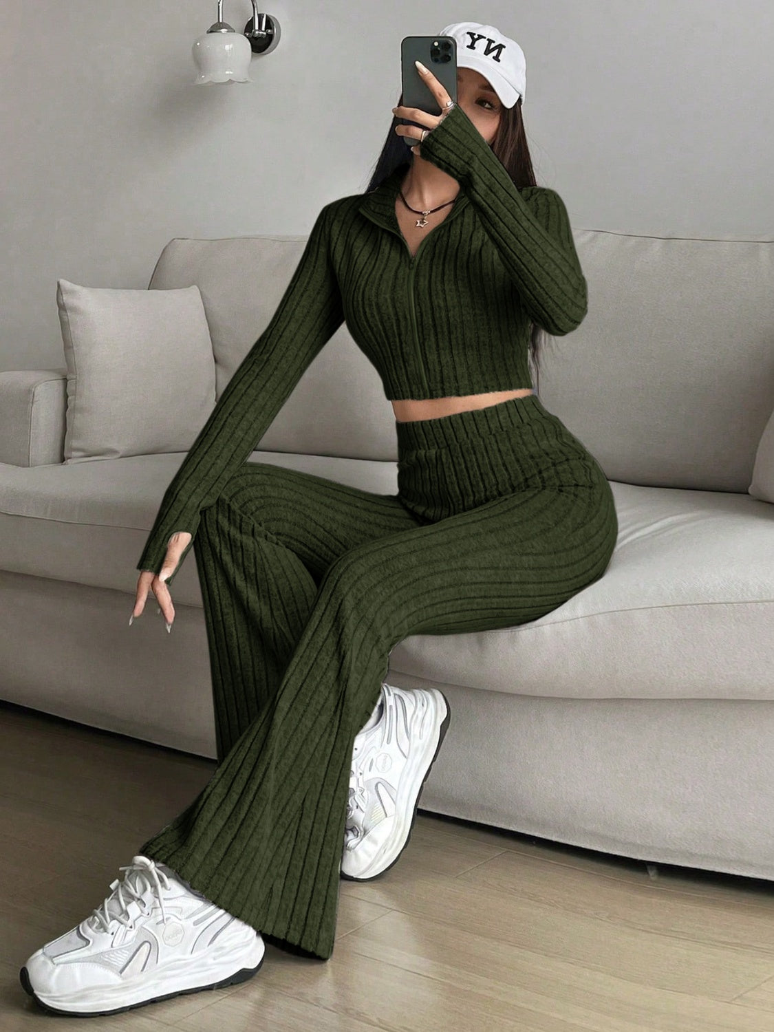 Zip Up Long Sleeve Top and Pants Set Trendsi