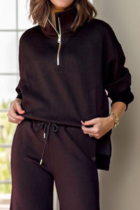 Half Zip Turtleneck Long Sleeve Top and Pants Set Trendsi